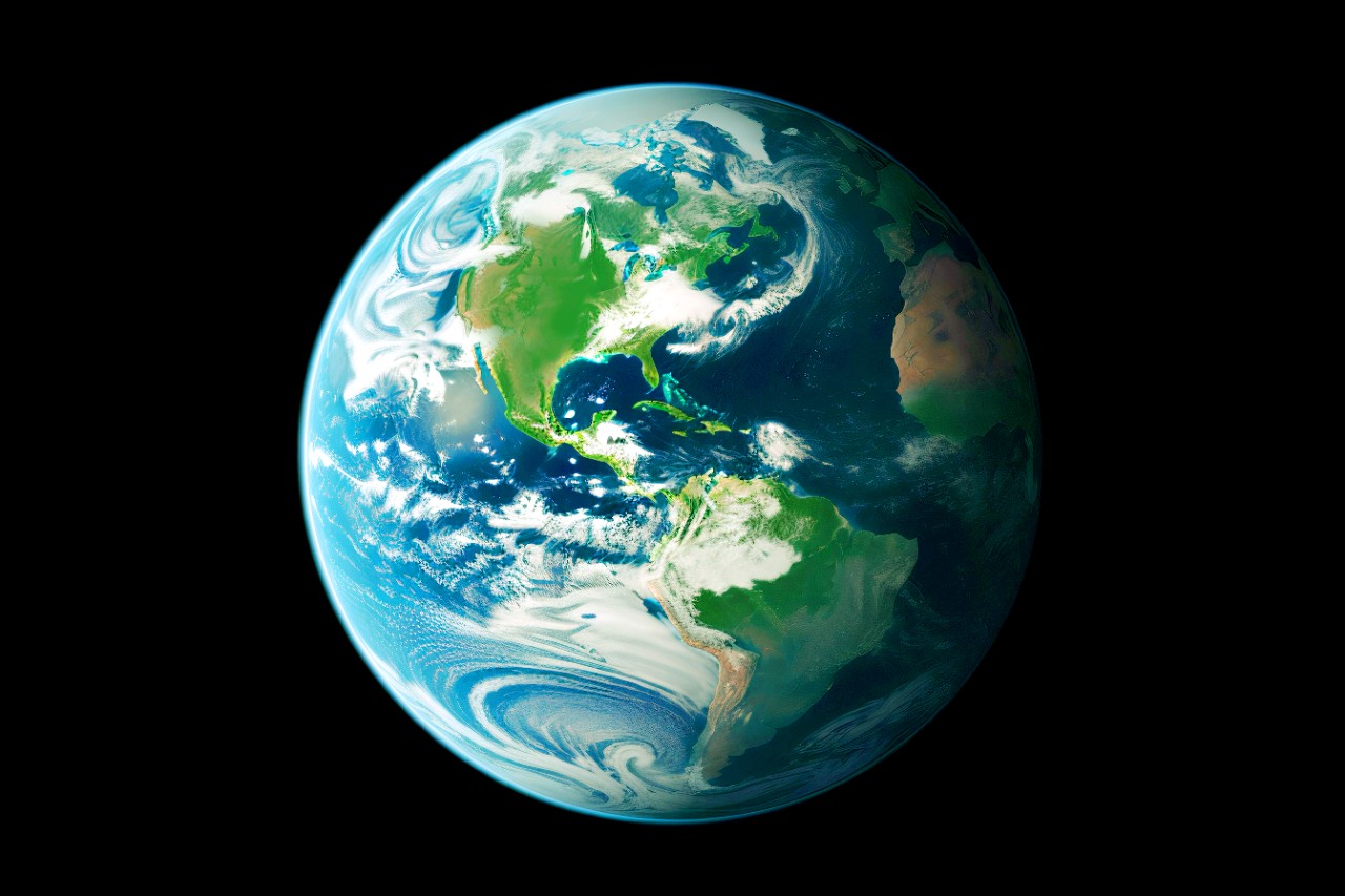 Planet Earth from far perspective as a whole planet, south america, middle america and north america are visible continents, globe, geography, universe, black background, astronomy, map, sphere, sea; Shutterstock ID 2287766703; purchase_order: Life Sciences (LS); job: For Life Sciences Designs; client: Dev Chhaniyara (MarTech) for Life Sciences; other: Design Agency - CG Life